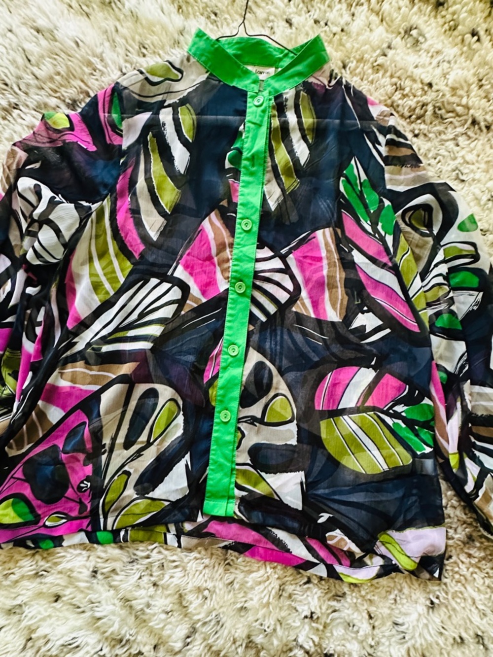 Sheer Multicolor Leaf-Print Button Front Blouse - Green Trim